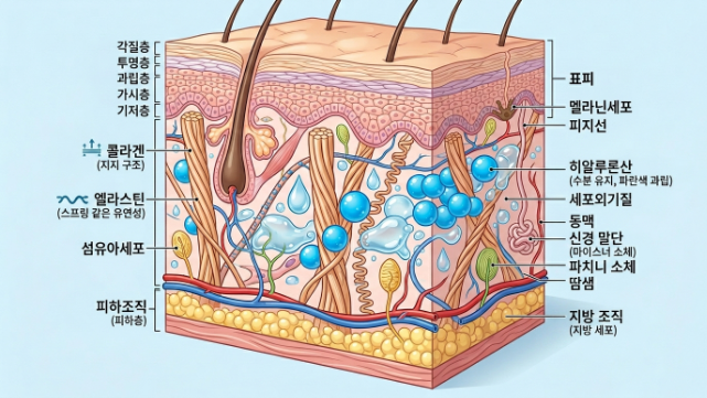 skin cross section with collagen, elastin, and hyaluronic acid in dermis