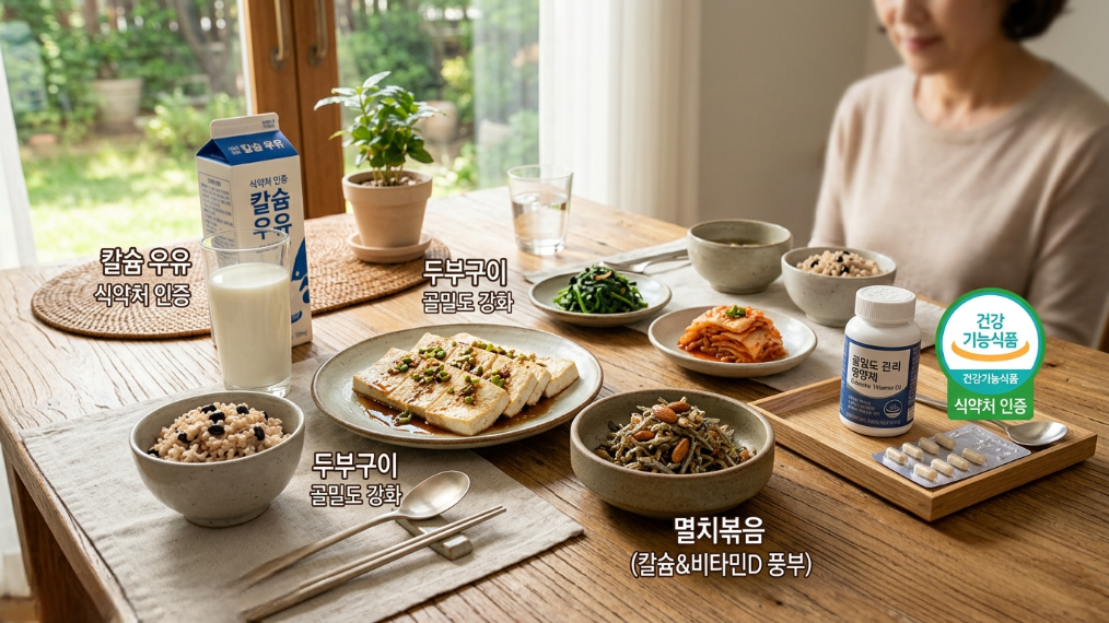 갱년기 골밀도 관리를 위해 칼슘과 비타민D가 풍부한 식품 및 식약처 인증 건강기능식품으로 구성된 식단
A healthy diet table with calcium-rich foods like tofu, milk, and certified health functional supplements for bone density management.